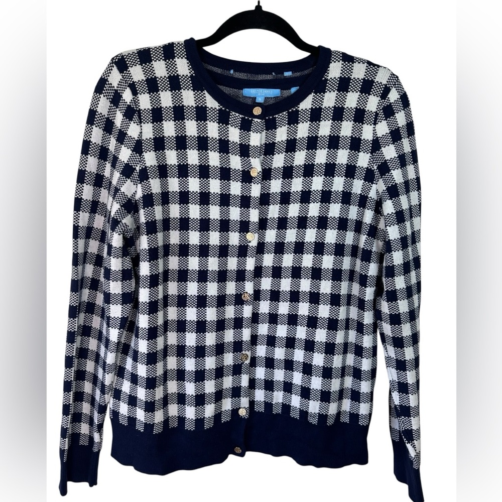 Draper James Cardigan Set‎ Gold Button Navy and White Gingham Print Old Money